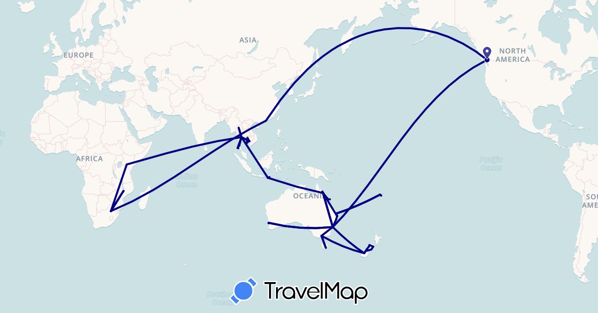 TravelMap itinerary: driving in Australia, Canada, Fiji, Hong Kong, Indonesia, Kenya, Cambodia, Malawi, New Zealand, Thailand, South Africa (Africa, Asia, North America, Oceania)